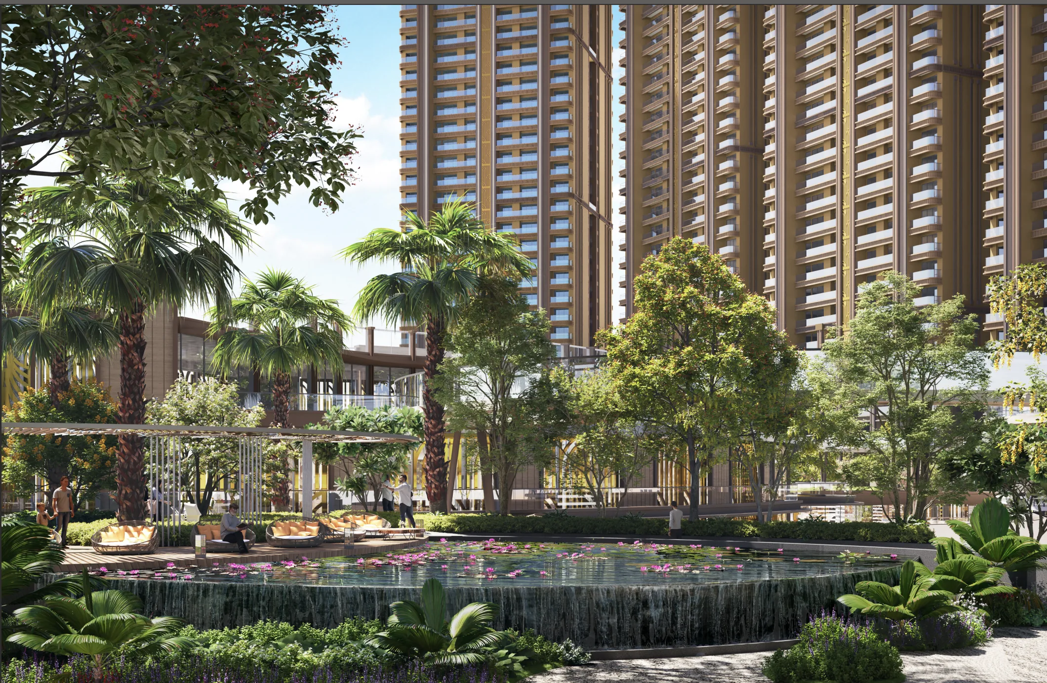 Biophilic landscape with lily pond and towers beyond