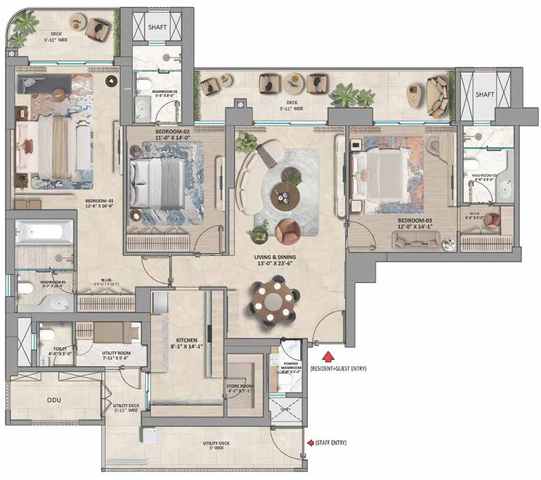 3 BHK Large floor plan